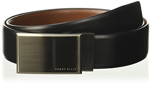 Perry Ellis Men's Portfolio Patterned Plaque Belt, Black/Brown Reversible, 40