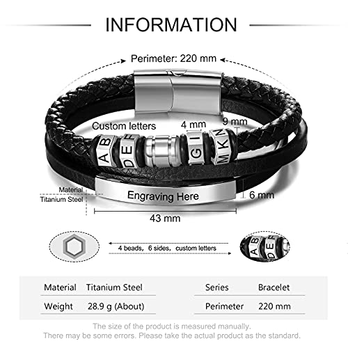 Personalizada Pulsera Cuero Hombre con Nombres Grabado Pulsera de Cuero de Acero Inoxidable para Hombre Regalo para Cumpleaños del día del Padre Día de San Valentín
