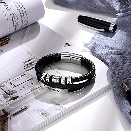 Personalizada Pulsera Cuero Hombre con Nombres Grabado Pulsera de Cuero de Acero Inoxidable para Hombre Regalo para Cumpleaños del día del Padre Día de San Valentín