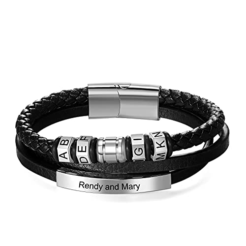 Personalizada Pulsera Cuero Hombre con Nombres Grabado Pulsera de Cuero de Acero Inoxidable para Hombre Regalo para Cumpleaños del día del Padre Día de San Valentín
