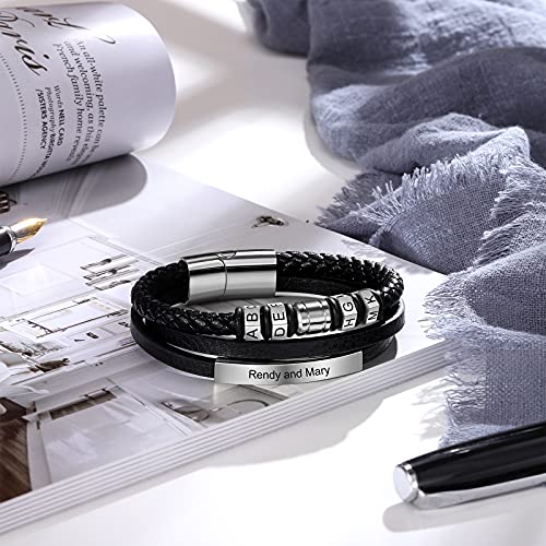Personalizada Pulsera Cuero Hombre con Nombres Grabado Pulsera de Cuero de Acero Inoxidable para Hombre Regalo para Cumpleaños del día del Padre Día de San Valentín