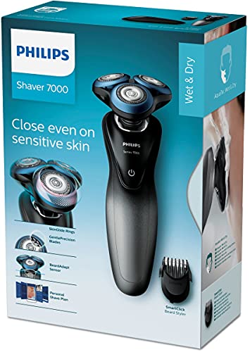Philips Serie 7000 S7960/17 - Máquina de afeitar con cuhillas confort para la piel sensible, uso en seco/húmedo, 50 min de batería, incluye perfilador de barba y funda de viaje, color gris/negro