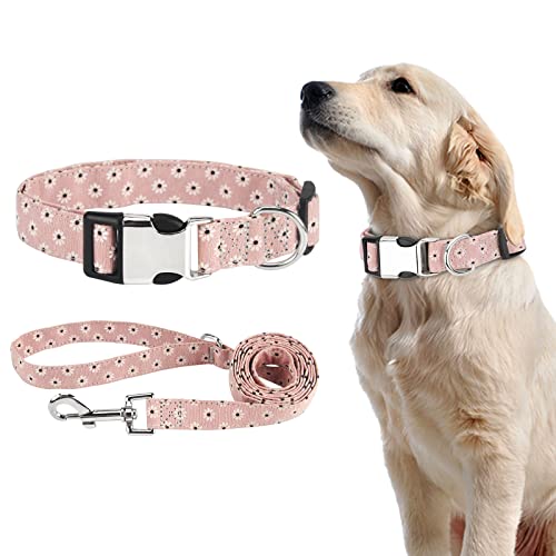 Piang Gouer Juego de collar y correa, diseño floral, collar para mascotas con hebilla de metal, tamaño ajustable, collar para gatos para perros pequeños y medianos (rosa-S)