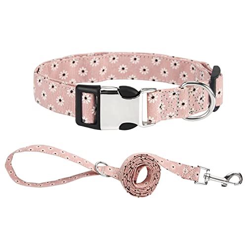 Piang Gouer Juego de collar y correa, diseño floral, collar para mascotas con hebilla de metal, tamaño ajustable, collar para gatos para perros pequeños y medianos (rosa-S)