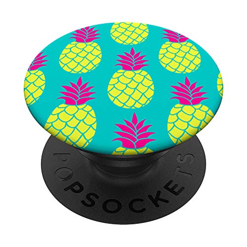 Piñas amarillas con hojas de color rosa fuerte sobre fondo verde azulado - PopSockets PopGrip Intercambiable