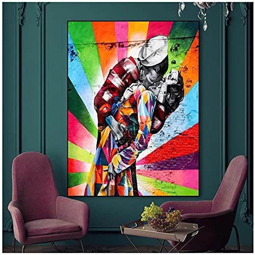 Pintura en lienzo color marinero besando arte callejero pintura en lienzo carteles e impresiones graffiti pintura de pared decoración mural para sala de estar 30x40cm / 11.8 ”x15.7” （NoFrame）