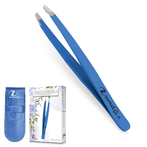 Pinzas de punta inclinada - Pinzas de cejas profesionales de acero inoxidable, mejor precisión para las cejas, pinzas de depilación facial para la rutina de belleza diaria (azul)