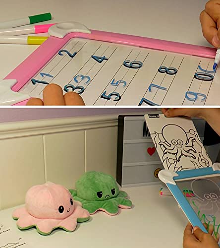 Pizarra magnética Infantil + PULPO reversible - pizarra mágica para niños con marco de fotos y luces led ( 8 efectos de luces , 4 rotuladores y 20 patrones de dibujo) (Rosa)