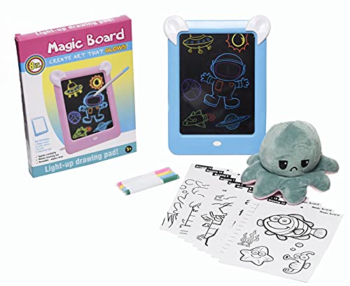 Pizarra magnética Infantil + PULPO reversible - pizarra mágica para niños con marco de fotos y luces led ( 8 efectos de luces , 4 rotuladores y 20 patrones de dibujo) (Rosa)