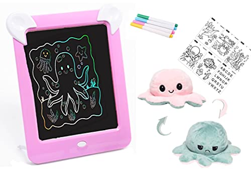 Pizarra magnética Infantil + PULPO reversible - pizarra mágica para niños con marco de fotos y luces led ( 8 efectos de luces , 4 rotuladores y 20 patrones de dibujo) (Rosa)