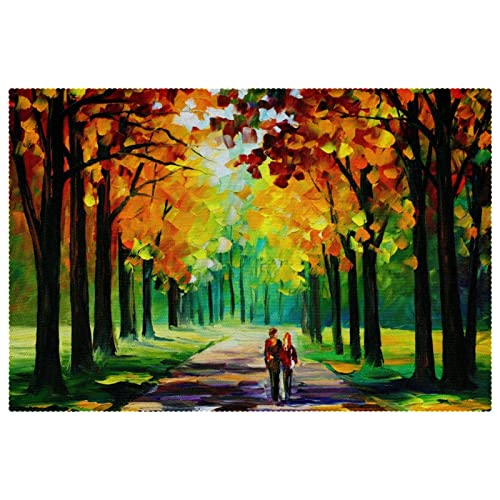 Placemats Conjunto de 4, Mesa de Comedor Placemat, Lugares Lavable, Mats, Woods Avenue Pareja Colorido Paisaje