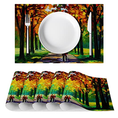 Placemats Conjunto de 4, Mesa de Comedor Placemat, Lugares Lavable, Mats, Woods Avenue Pareja Colorido Paisaje