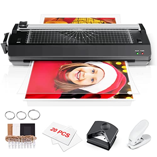 Plastificadora A3, A4 A5 A6 caliente y fría laminadora 7 en 1, ABS maquina laminadora con perforadora, redondeador de esquinas, marcos de fotos, 20 bolsas de laminación adecuado para la oficina, hogar