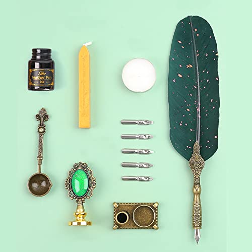 Pluma de Caligrafía Antigua con Pluma, Pluma de Pluma Metálica, Pluma de Caligrafía, para Uso Doméstico, Regalos Ejecutivos y Decoración de Oficina Antigua (Verde Oscuro)