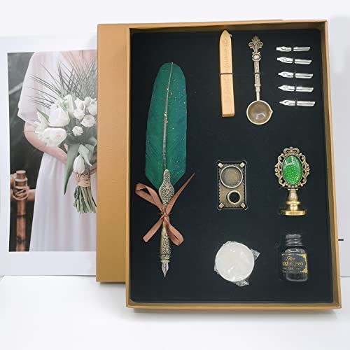 Pluma de Caligrafía Antigua con Pluma, Pluma de Pluma Metálica, Pluma de Caligrafía, para Uso Doméstico, Regalos Ejecutivos y Decoración de Oficina Antigua (Verde Oscuro)