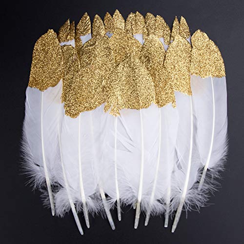 Plumas de Ganso, 40 pcs Oro Sumergido Blanco Natural Plumas de Gallo Manualidades Decoración para Disfraces Hats, Hogar Bricolaje, Ropa Casa Fiesta (accesorio de disfraz)(Oro)