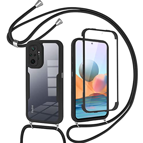 Pnakqil Funda con Cuerda para Xiaomi Redmi Note 10 Pro 4G/Redmi Note 10 Pro MAX 6.67", Carcasa 360 Grados Delantera Trasera Case con Colgante Ajustable Collar Correa de Cuello Cadena Cordón - Negro