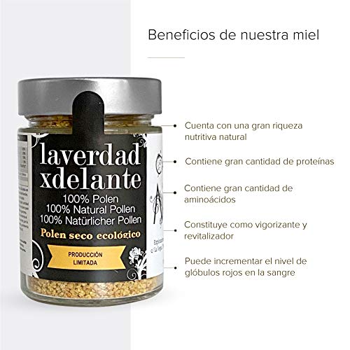 Polen de abeja ecologico 100% 225 Gr / Polen bio organico fresco en granos de flores Jara, moras y rosas de la Reserva de la Biosfera de La Rioja / Vitaminas y minerales naturales