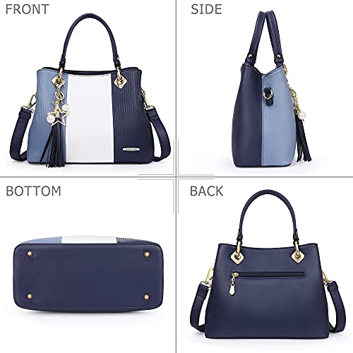 Pomelo Best Bolsos de Mujer, Bolso Señora Tote Multicolor Rayas PU Cuero Con Flecos Bolso Hombro Bolso Shopper perfecto para Trabajo, Diario Vida, Navidad y Fiesta ect (Azul)
