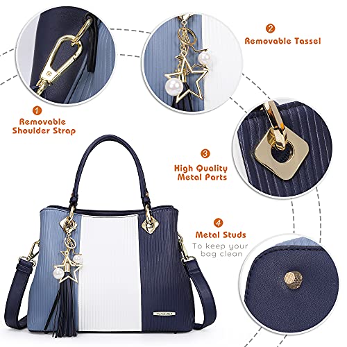 Pomelo Best Bolsos de Mujer, Bolso Señora Tote Multicolor Rayas PU Cuero Con Flecos Bolso Hombro Bolso Shopper perfecto para Trabajo, Diario Vida, Navidad y Fiesta ect (Azul)