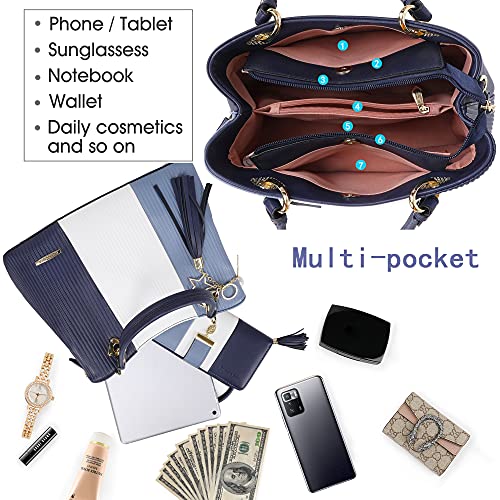 Pomelo Best Bolsos de Mujer, Bolso Señora Tote Multicolor Rayas PU Cuero Con Flecos Bolso Hombro Bolso Shopper perfecto para Trabajo, Diario Vida, Navidad y Fiesta ect (Azul)