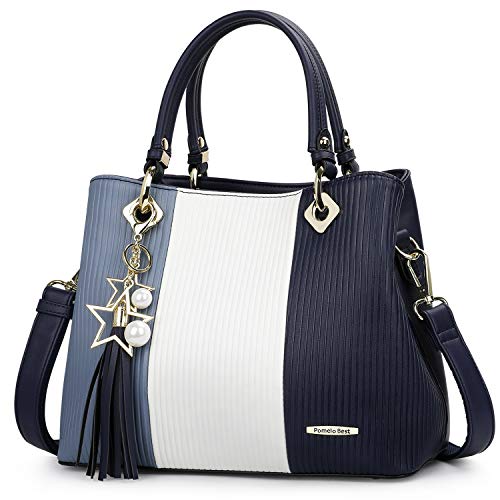 Pomelo Best Bolsos de Mujer, Bolso Señora Tote Multicolor Rayas PU Cuero Con Flecos Bolso Hombro Bolso Shopper perfecto para Trabajo, Diario Vida, Navidad y Fiesta ect (Azul)