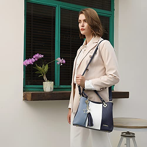 Pomelo Best Bolsos de Mujer, Bolso Señora Tote Multicolor Rayas PU Cuero Con Flecos Bolso Hombro Bolso Shopper perfecto para Trabajo, Diario Vida, Navidad y Fiesta ect (Azul)