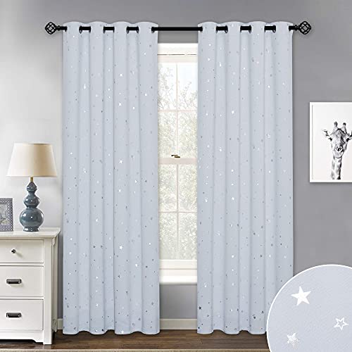 PONY DANCE Cortinas Infantiles Moderno - Cortinas Opacas de Estrellas Plateadas para Habitación Niño Niña, 2 Piezas, 132 x 240 CM, Gris Blanco