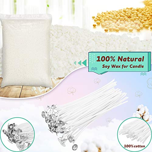 Popolic 150 PCS Mecha Vela con 1 kg Cera de Soja, Mechas de Velas Naturales, Kit de Fabricacion de Velas con 100 Pegatinas de Doble Cara y 2 Soporte Fijo para Mechas de Acero Inoxidable para Vela DIY