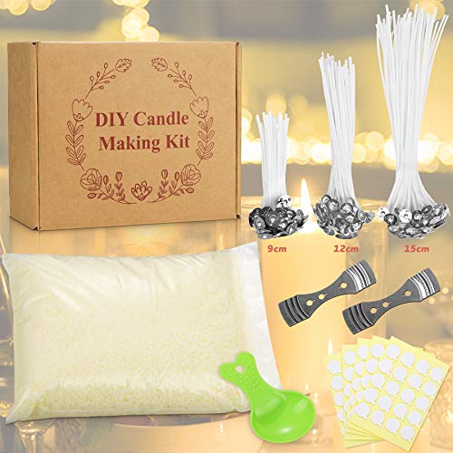 Popolic 150 PCS Mecha Vela con 1 kg Cera de Soja, Mechas de Velas Naturales, Kit de Fabricacion de Velas con 100 Pegatinas de Doble Cara y 2 Soporte Fijo para Mechas de Acero Inoxidable para Vela DIY