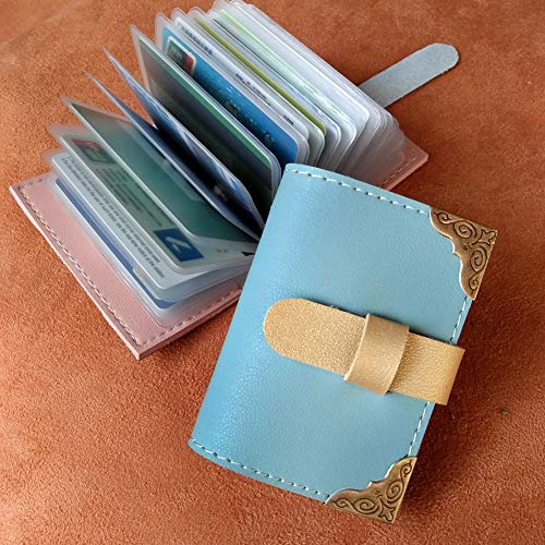 Portatarjetas de visita vintage pequeño Organizador de tarjetas de crédito de esquina metálica de lujo 26 ranuras, azul