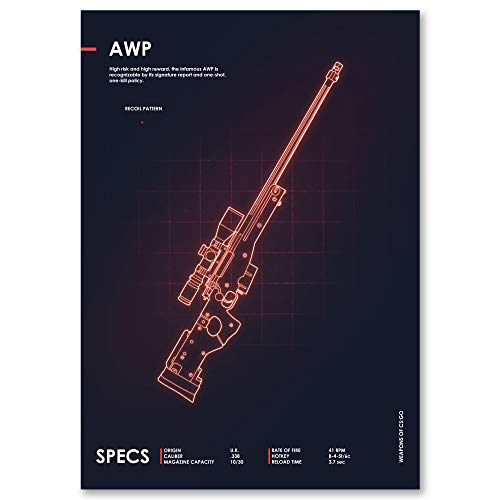 Póster de juego – A3 Cs Go Counter Strike AWP – Papel premium de 190 g/m² – Impresión Ultra HD – Fácil de enmarcar – Ideal para sala de juegos, cueva de hombre, entusiastas del juego