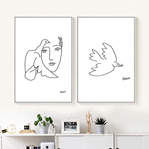 Poster de la Paloma de la Paz de Picasso Línea Abstracta en Blanco y Negro Arte de la Pared Pintura en Lienzo Minimalista Sala de Estar Cuadros de Picasso Decoracion para el hogar 50x70cmx2 Sin Marco