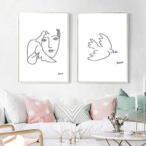 Poster de la Paloma de la Paz de Picasso Línea Abstracta en Blanco y Negro Arte de la Pared Pintura en Lienzo Minimalista Sala de Estar Cuadros de Picasso Decoracion para el hogar 50x70cmx2 Sin Marco