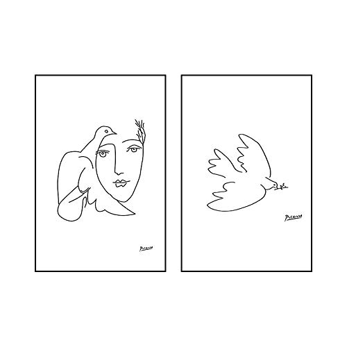 Poster de la Paloma de la Paz de Picasso Línea Abstracta en Blanco y Negro Arte de la Pared Pintura en Lienzo Minimalista Sala de Estar Cuadros de Picasso Decoracion para el hogar 50x70cmx2 Sin Marco