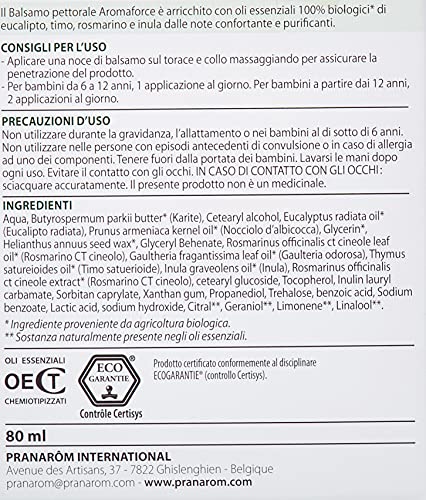 Pranarôm Aromaforce Bálsamo pectoral, con aceite esencial de eucalipto, respiración, defensas naturales, 80 ml