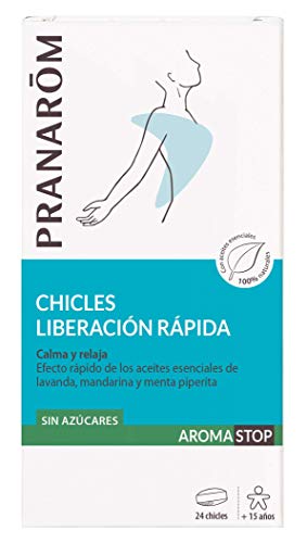 Pranarôm Aromastop Chicles Liberación Rápida, calma y relaja, efecto rápido de los aceites esenciales de lavanda, mandarina y menta piperita, 24 chicles