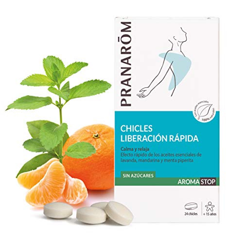 Pranarôm Aromastop Chicles Liberación Rápida, calma y relaja, efecto rápido de los aceites esenciales de lavanda, mandarina y menta piperita, 24 chicles