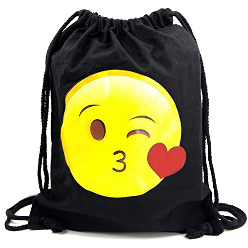 PREMYO Bolsa de Cuerdas Saco de Gimnasio Deporte Mochila Mujer Hombre con Impresión Emoji Kiss Práctico Cómodo Cordón Robusto Algodón Negro