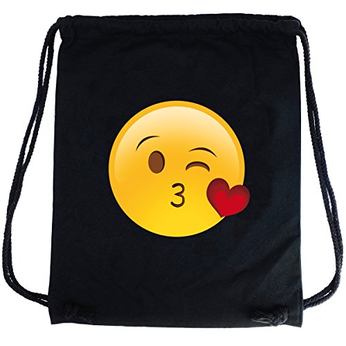 PREMYO Bolsa de Cuerdas Saco de Gimnasio Deporte Mochila Mujer Hombre con Impresión Emoji Kiss Práctico Cómodo Cordón Robusto Algodón Negro