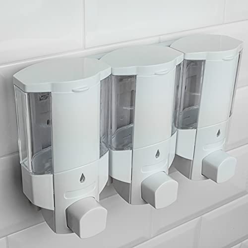 PrimeMatik - Dispensador de jabón Transparente de Ducha para Pared. 3 x depósitos rellenables