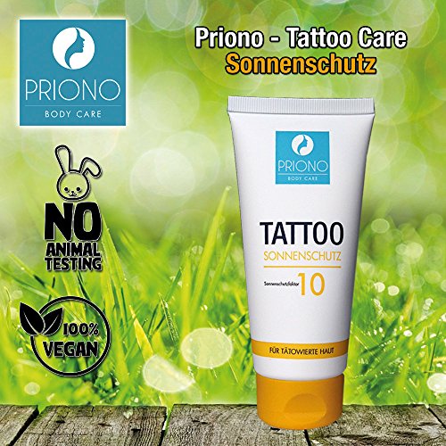 Priono Crema de protección solar para piel tatuada, crema solar para tatuajes con FPS 10, fabricada en Alemania, con aceite de citronela para el cuidado, 1 tubo de 100 ml