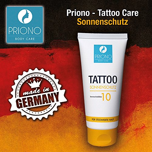 Priono Crema de protección solar para piel tatuada, crema solar para tatuajes con FPS 10, fabricada en Alemania, con aceite de citronela para el cuidado, 1 tubo de 100 ml