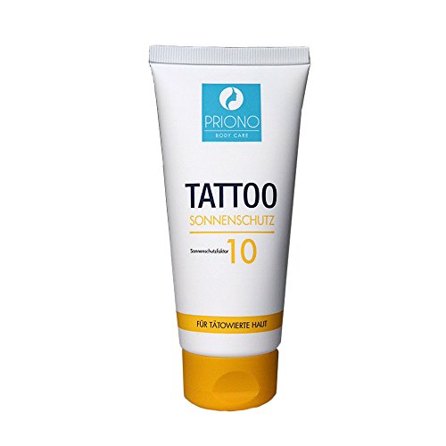 Priono Crema de protección solar para piel tatuada, crema solar para tatuajes con FPS 10, fabricada en Alemania, con aceite de citronela para el cuidado, 1 tubo de 100 ml