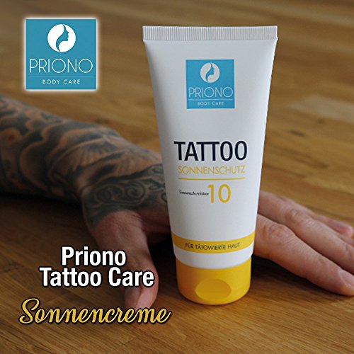 Priono Crema de protección solar para piel tatuada, crema solar para tatuajes con FPS 10, fabricada en Alemania, con aceite de citronela para el cuidado, 1 tubo de 100 ml