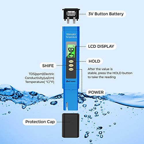 Probador de calidad del agua Lightswim, medidor de pH con resolución de alta precisión 0.01, medidor de temperatura 3 en 1 TDS + EC + para agua potable, acuario, piscina, spa (amarillo)