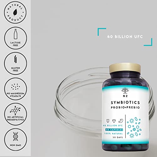 Probióticos y Prebióticos Intestinales, 60 cápsulas 40 Billones de Bacterias Probióticas Naturales, Mujer y Hombre. Mantenimiento Flora Intestinal, Trastornos Gastrointestinales. N2 Natural Nutrition
