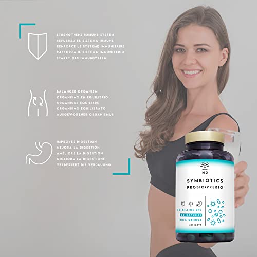 Probióticos y Prebióticos Intestinales, 60 cápsulas 40 Billones de Bacterias Probióticas Naturales, Mujer y Hombre. Mantenimiento Flora Intestinal, Trastornos Gastrointestinales. N2 Natural Nutrition