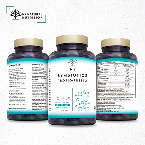 Probióticos y Prebióticos Intestinales, 60 cápsulas 40 Billones de Bacterias Probióticas Naturales, Mujer y Hombre. Mantenimiento Flora Intestinal, Trastornos Gastrointestinales. N2 Natural Nutrition