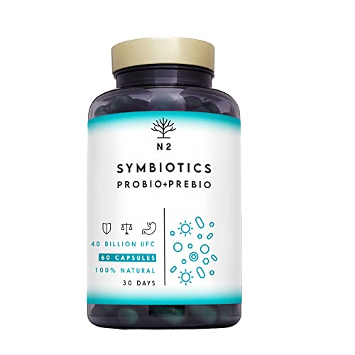 Probióticos y Prebióticos Intestinales, 60 cápsulas 40 Billones de Bacterias Probióticas Naturales, Mujer y Hombre. Mantenimiento Flora Intestinal, Trastornos Gastrointestinales. N2 Natural Nutrition